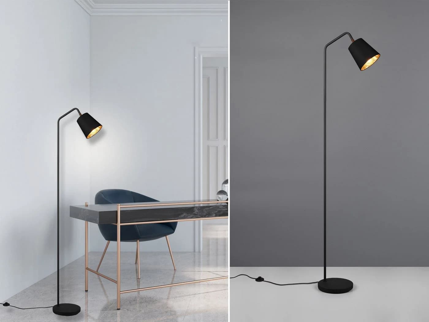 Reality Leuchten LED Stehlampe Schwarz-Gold Dimmbar Stoffschirm