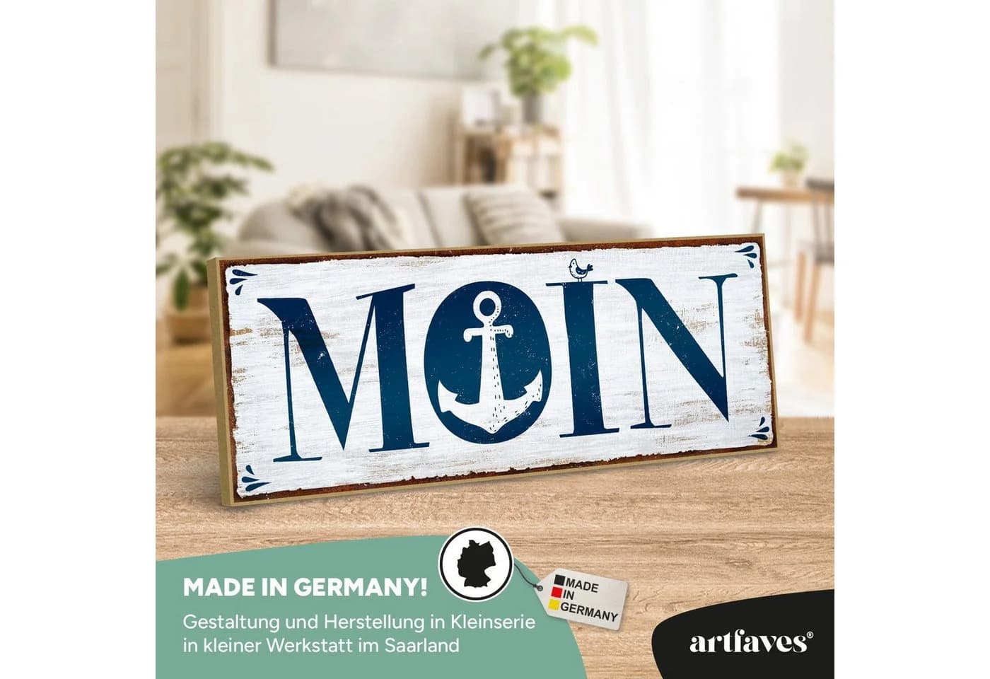 ARTFAVES Holzbild Schild "Moin" Hamburg Nordsee Meer Deko