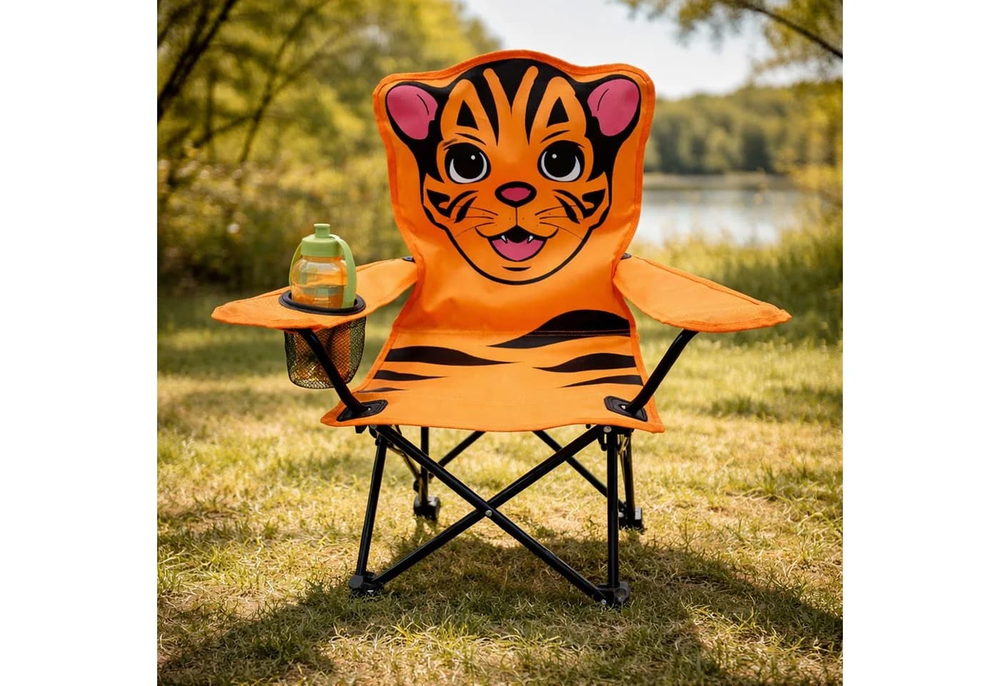 Mojawo Kinder Klappstuhl Orange Tiger Motiv mit Getränkehalter & Tasche