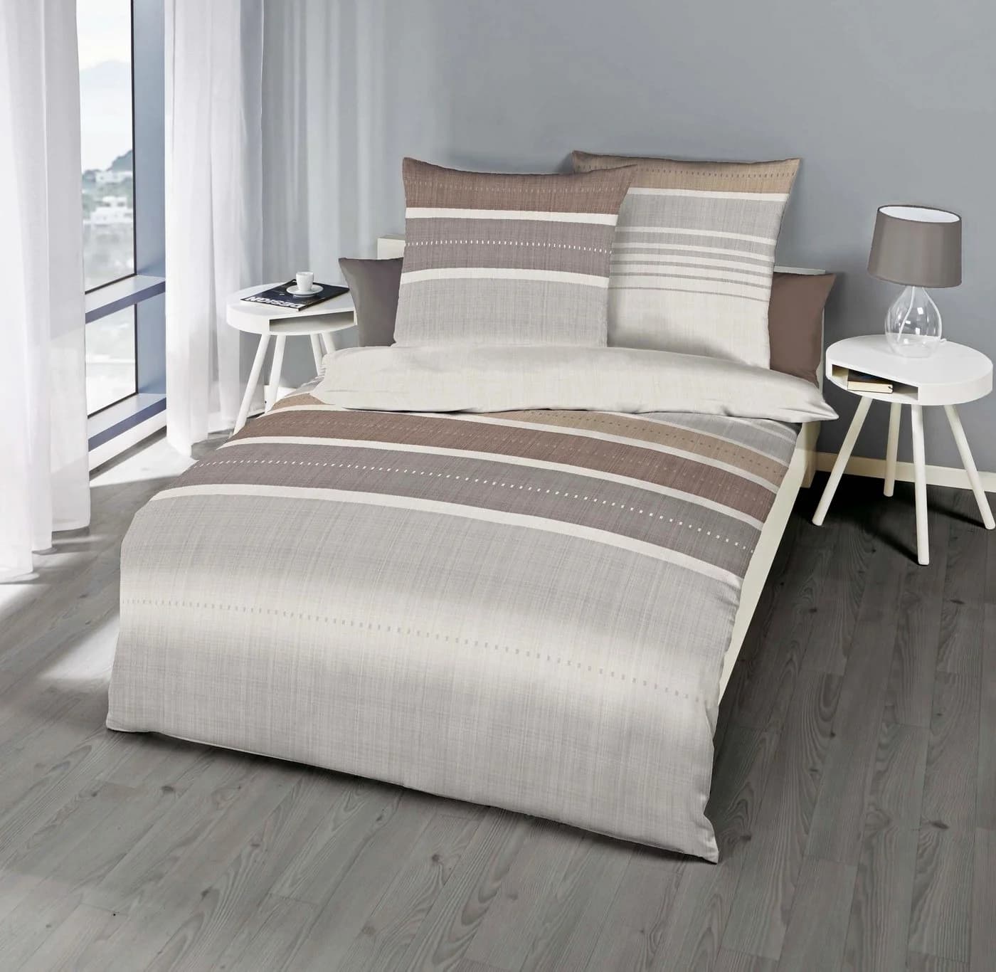 JACK Bettwäsche Structure Nougat Streifen Grau Beige Kaeppel, Biber, 2 teilig