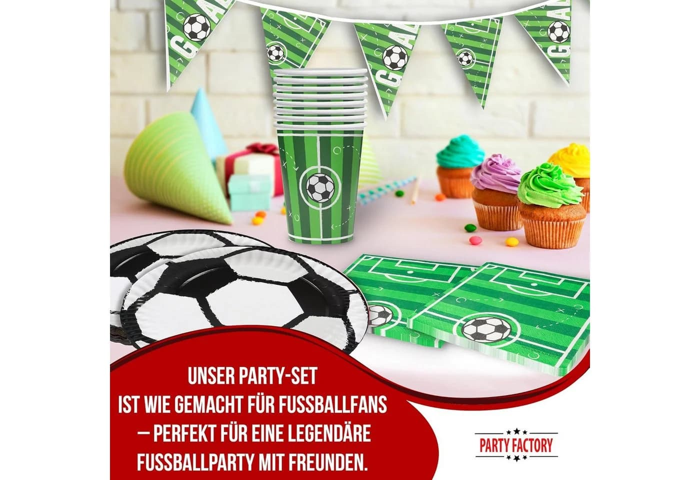 Fußball Partyset 8-tlg. Geschirr-Set Spielfeld-Design Kräftige Farben