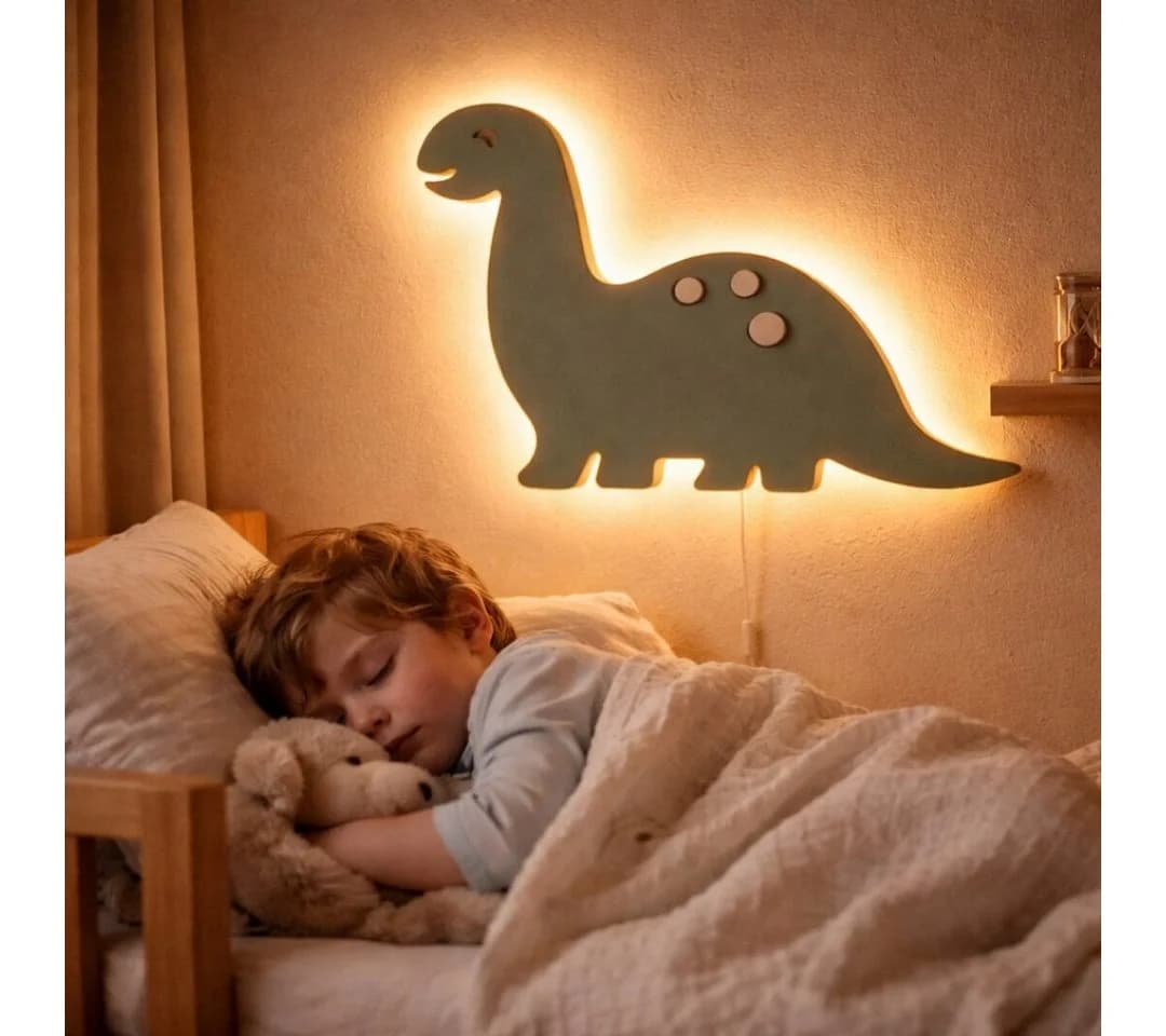 COZYCOLLECTIONS LED Wandleuchte Dinosaurier Salbeigrün Holz