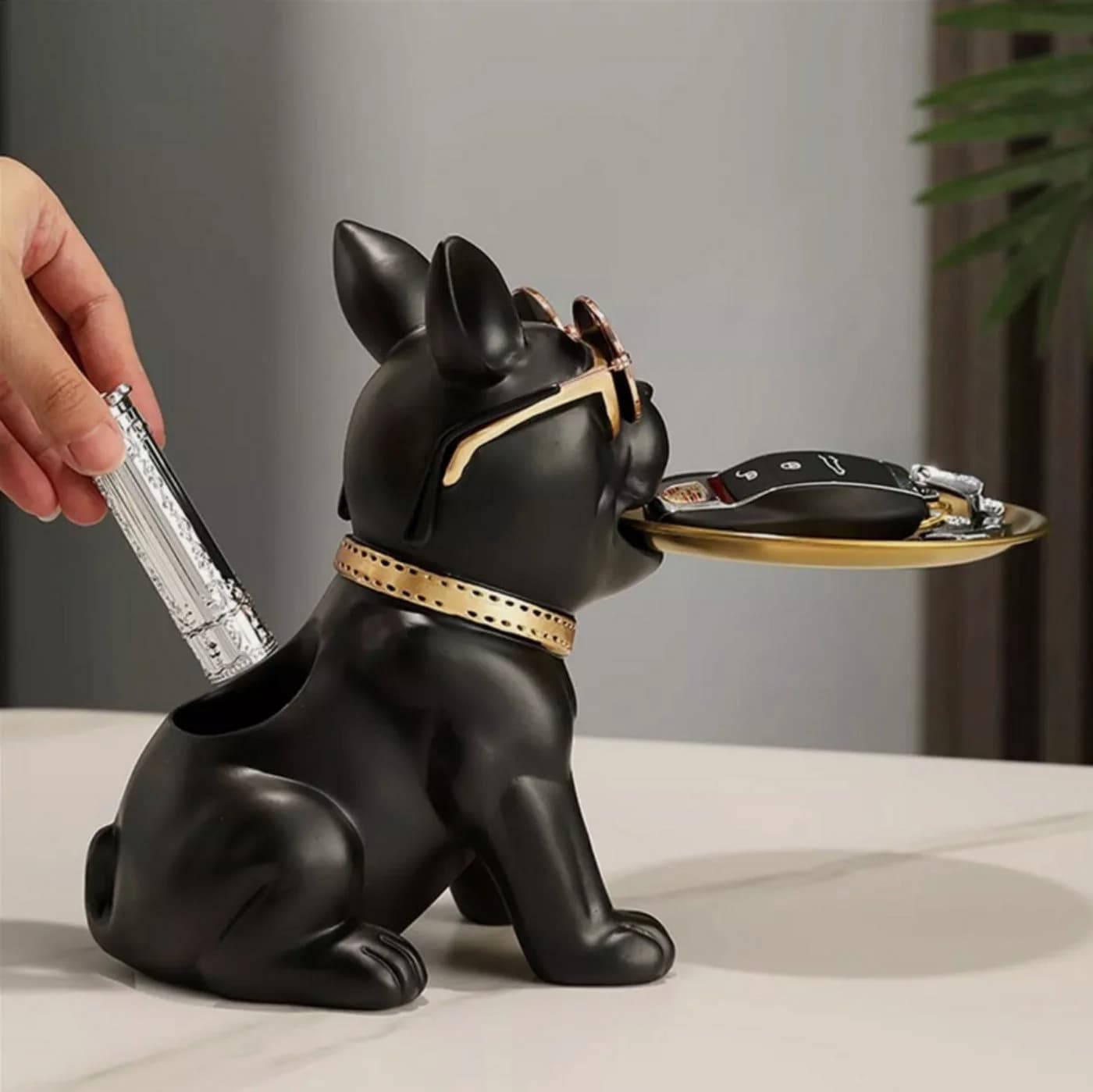 Holz Lichter Französische Bulldogge Figur Schlüssel Schale Schmuck Schwarz Gold