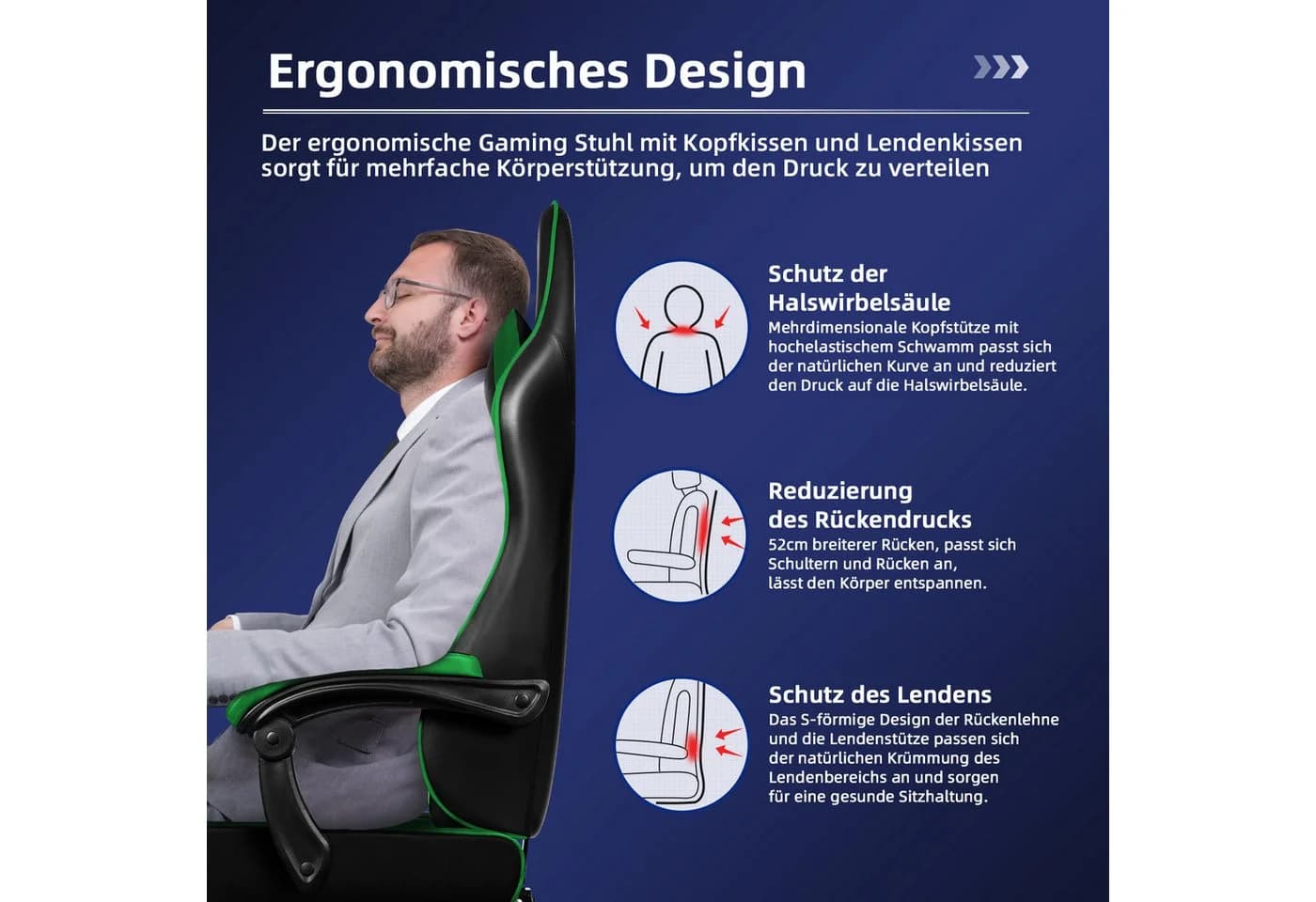 Hiazurm Gaming-Stuhl Ergonomisch Grün Fußstütze 150kg