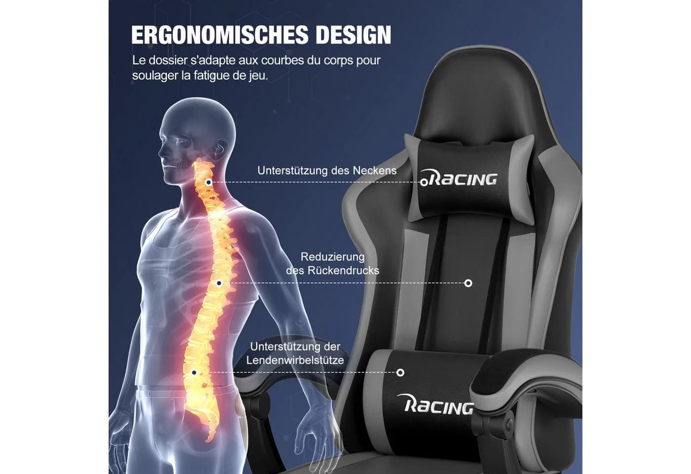 Hiazurm Gaming-Stuhl Ergonomischer Gamer Stuhl mit Fußstütze, Kopfstütze und Lordosenstütze