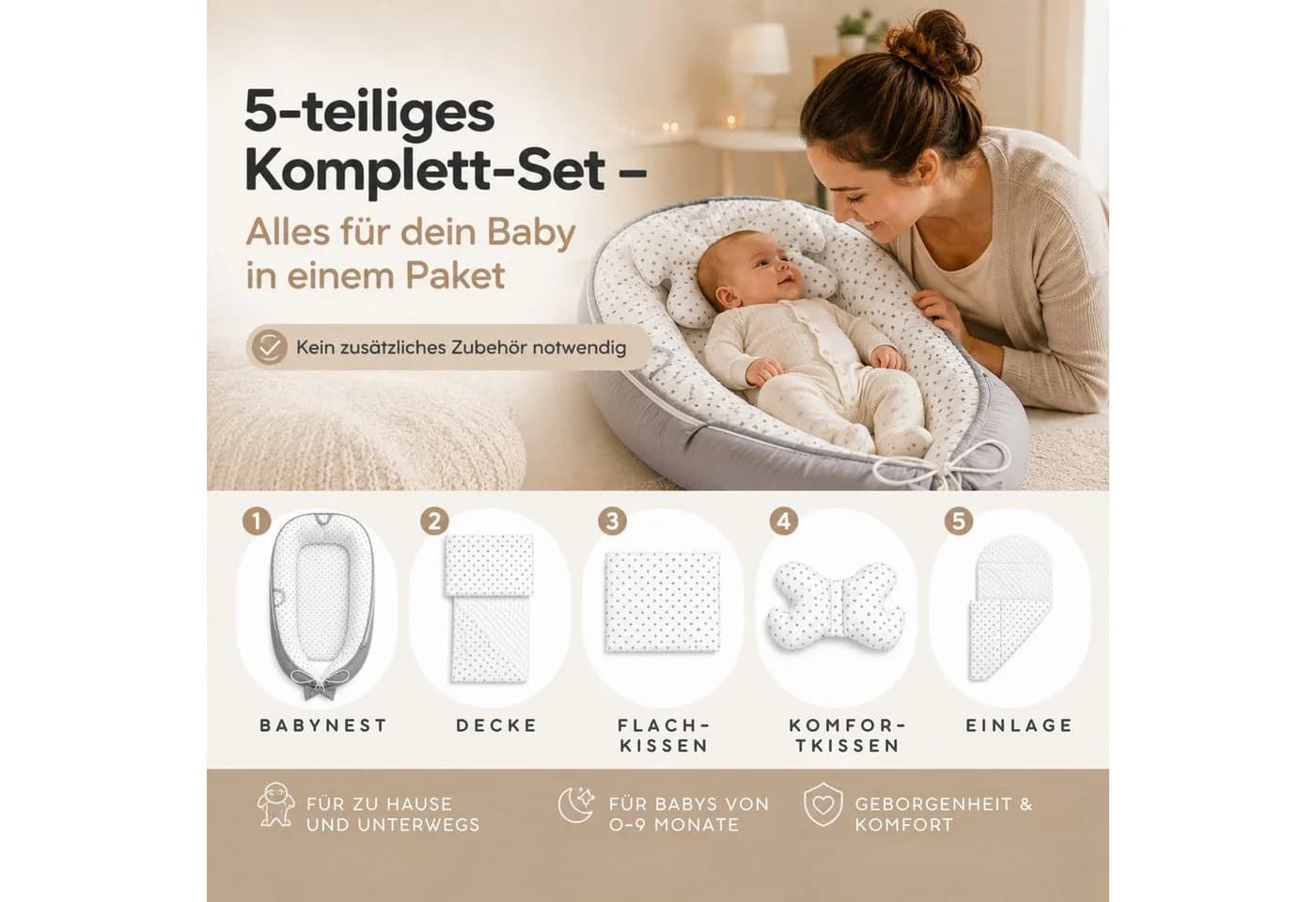 SKY & ZEN Kuschelnest für Neugeborene – Babynest mit Tragegriff
