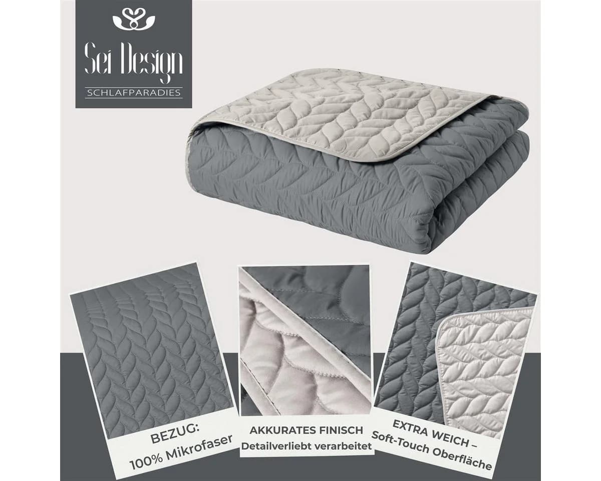 SEI Design Tagesdecke Wendedecke Silbergrau Anthrazit Zopf-Steppung
