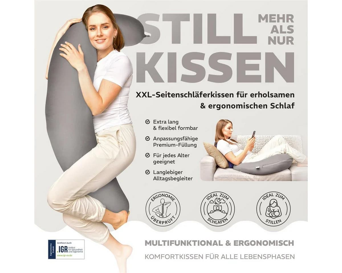 SEI Design Stillkissen XXL Mikroperlen Seitenschläferkissen 190x30 cm Ergonomisch