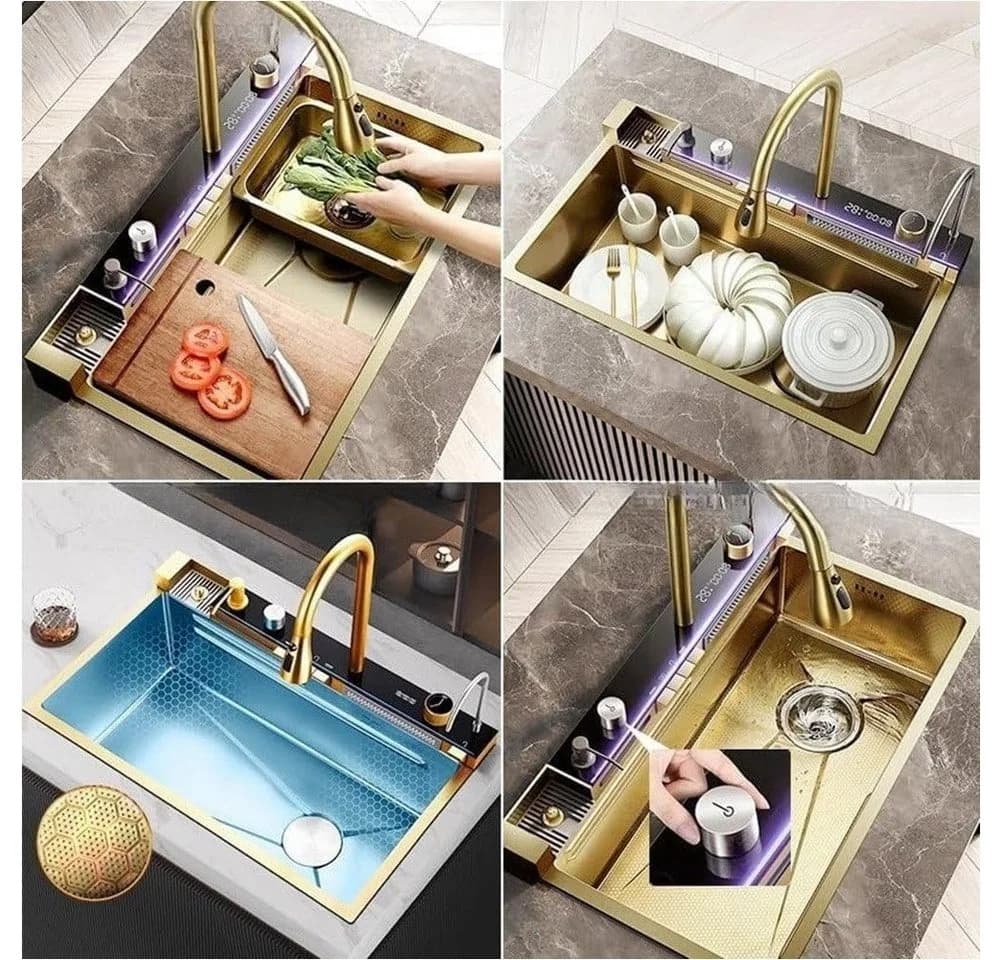 Faizee Home Einbauspüle Nano Wasserfall Edelstahl Gold/Silber/Schwarz