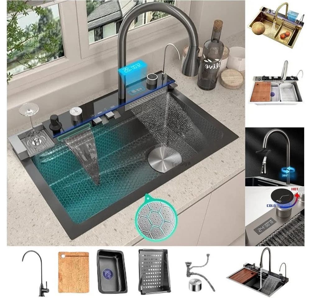 Faizee Home Einbauspüle Nano Wasserfall Edelstahl Silber