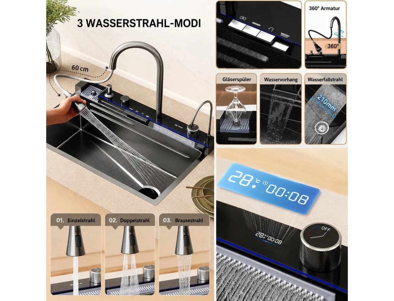 Faizee Home Küchenspüle Nano 75x46cm Edelstahl mit Digitalanzeige