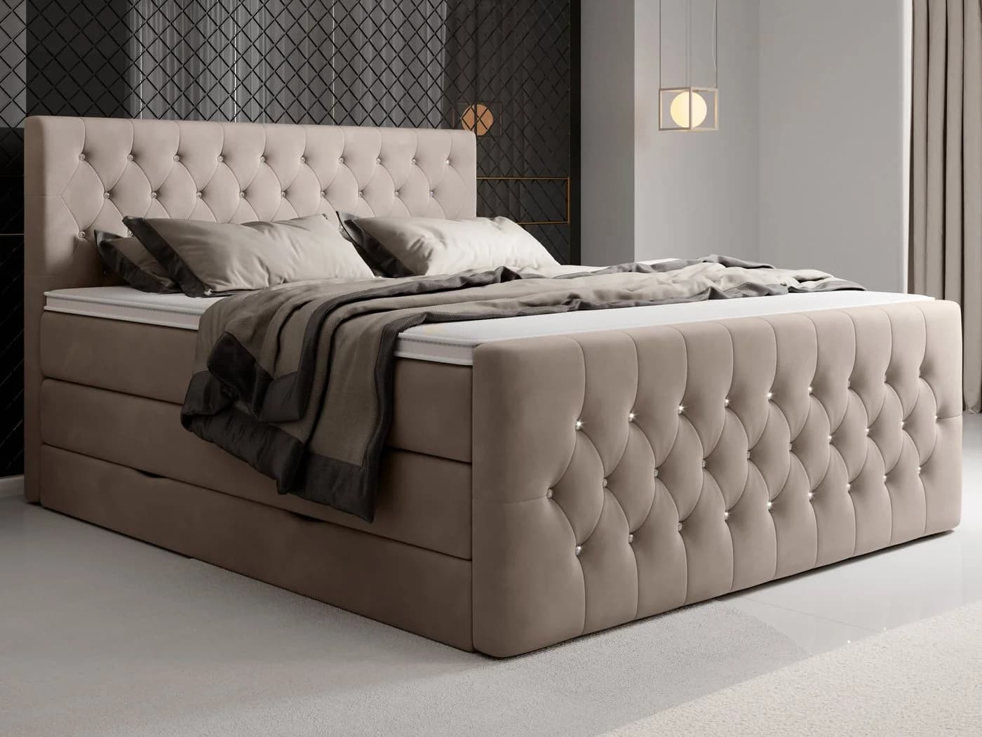 wonello Boxspringbett Sira mit Bettkasten, Matratze & Topper, Samt Beige