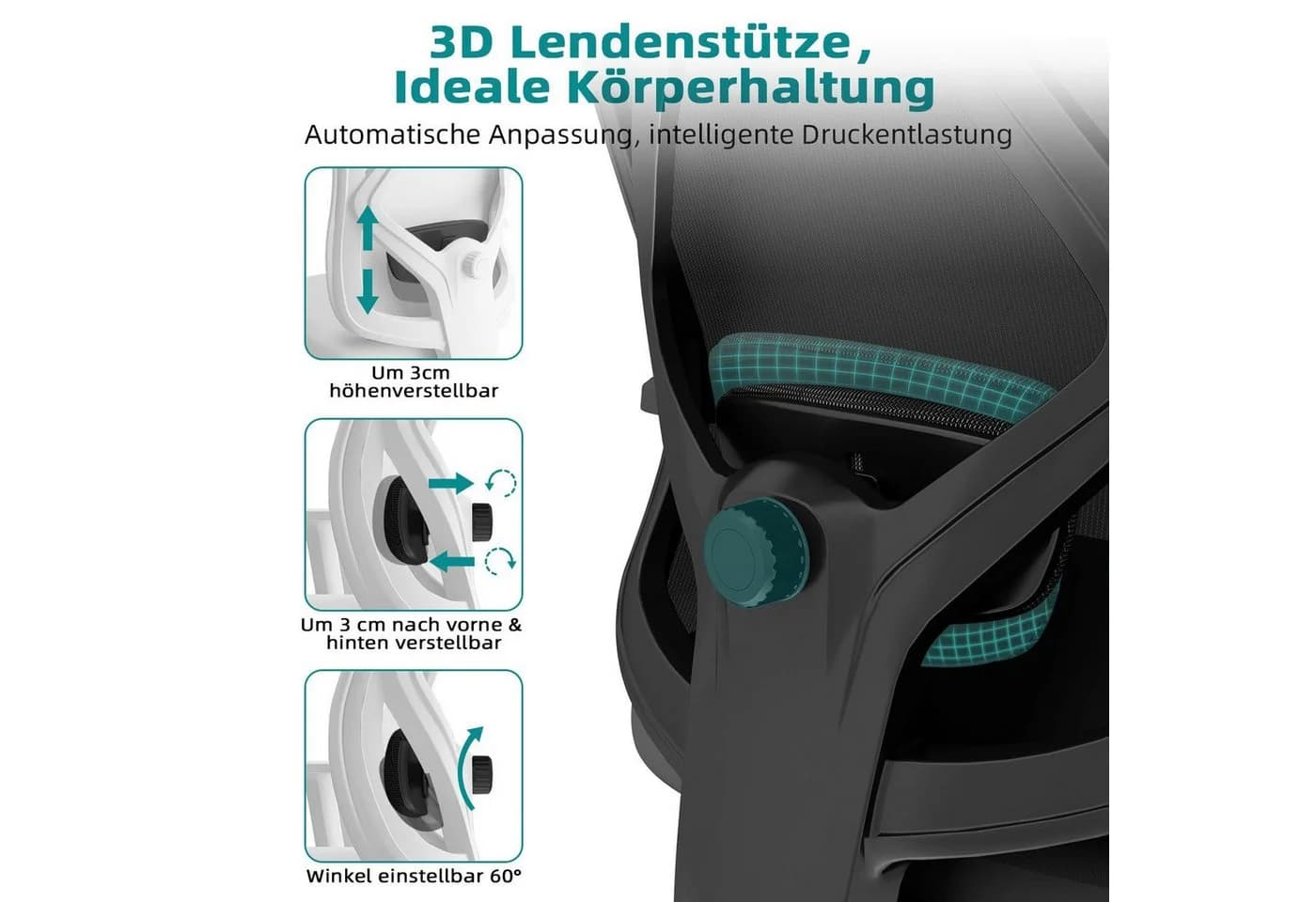 Lexzurn Ergonomischer Bürostuhl Schwarz mit Lendenstütze und Wippfunktion