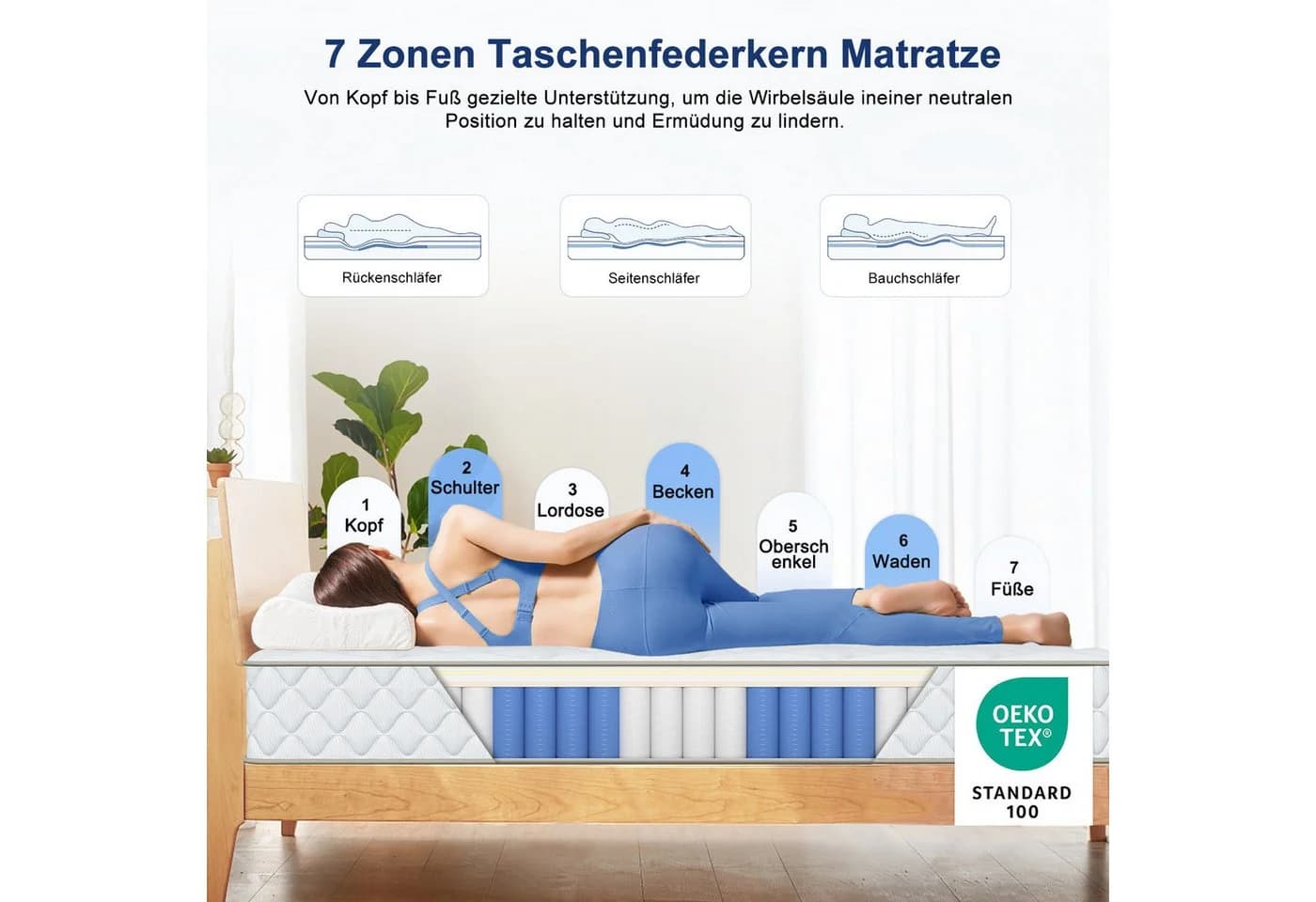 Lexzurn Taschenfederkernmatratze 7-Zonen, 20 cm hoch, 90x200 cm oder 140x200 cm