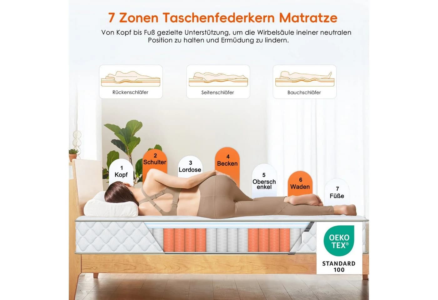 Lexzurn Taschenfederkernmatratze 7-Zonen Orthopädische Matratze
