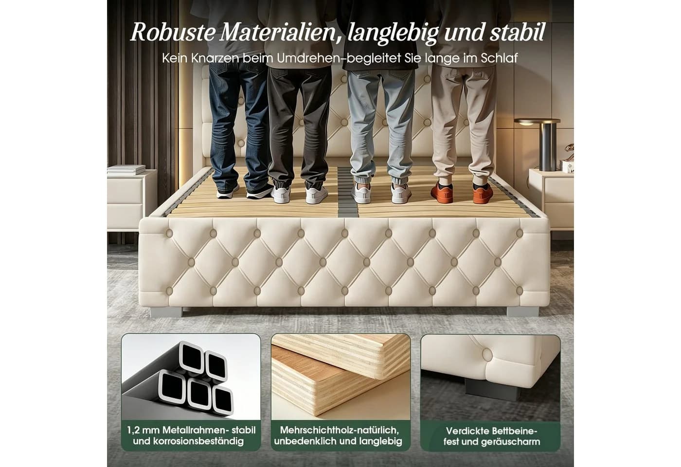 Lexzurn Polsterbett 140x200 Samt mit LED & Stauraum