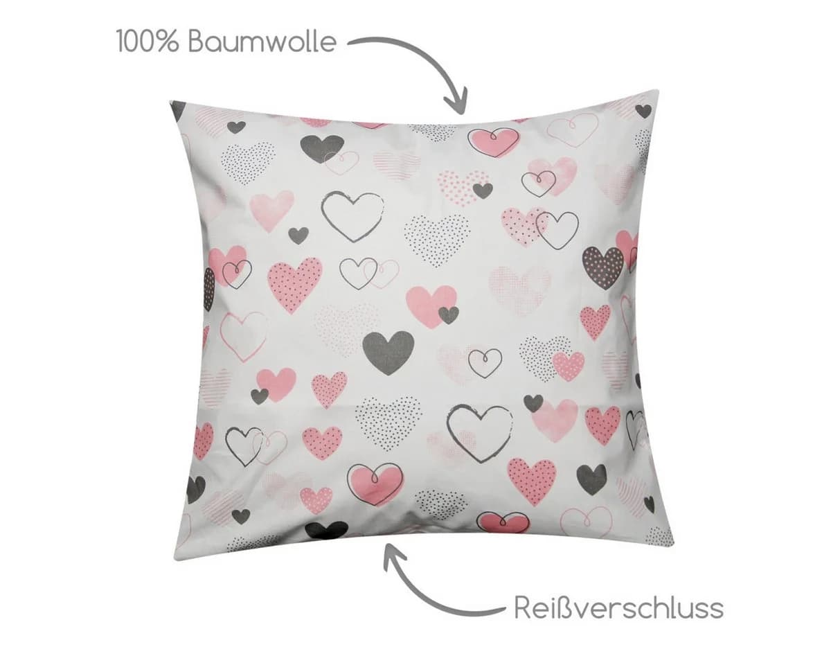 Heubergshop Kissenbezug 40x40cm Rosa Herzen Love Liebe Baumwolle