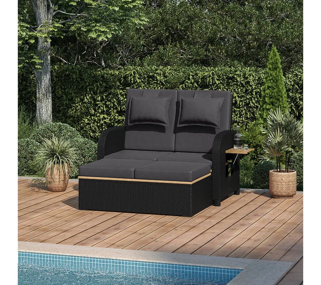 STEELSØN Gartenlounge-Set Caelum Polyrattan Sofa-Bett Schwarz