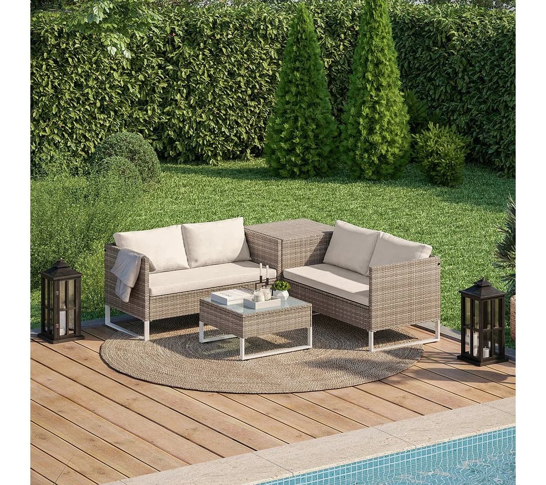 STEELSØN Gartenlounge-Set Alniyat Beige Polyrattan mit Kissen