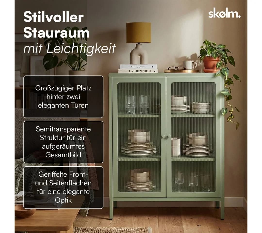 skølm Highboard Norns mit Glastüren Mintgrün Metallkommode