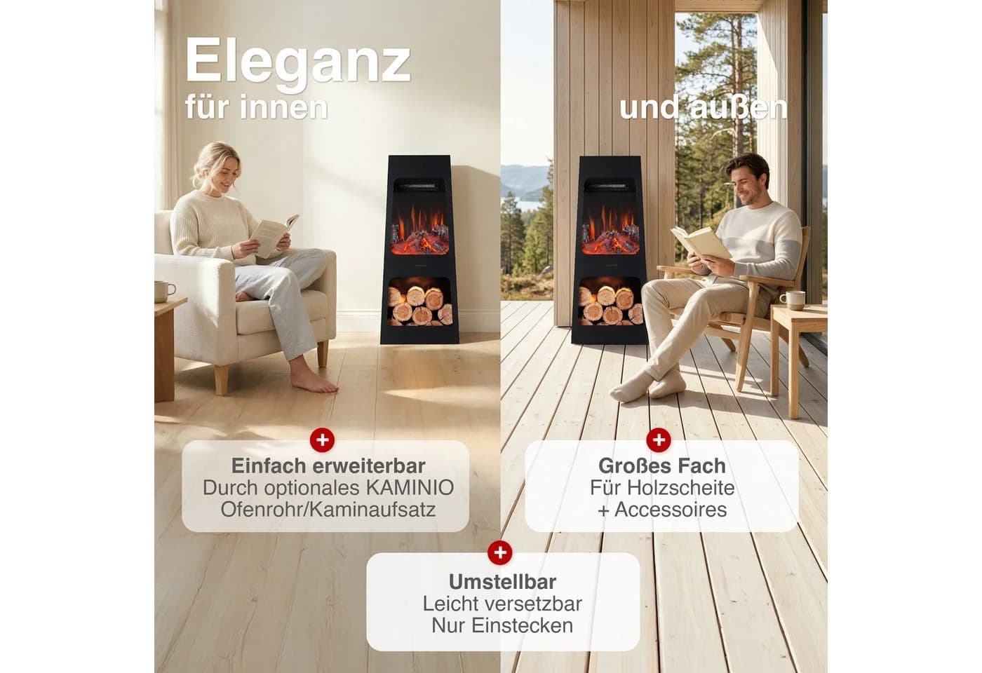 KAMINIO Gartenkamin KAI Schwarz 3D-Flammeneffekt 2-Stufen-Heizung