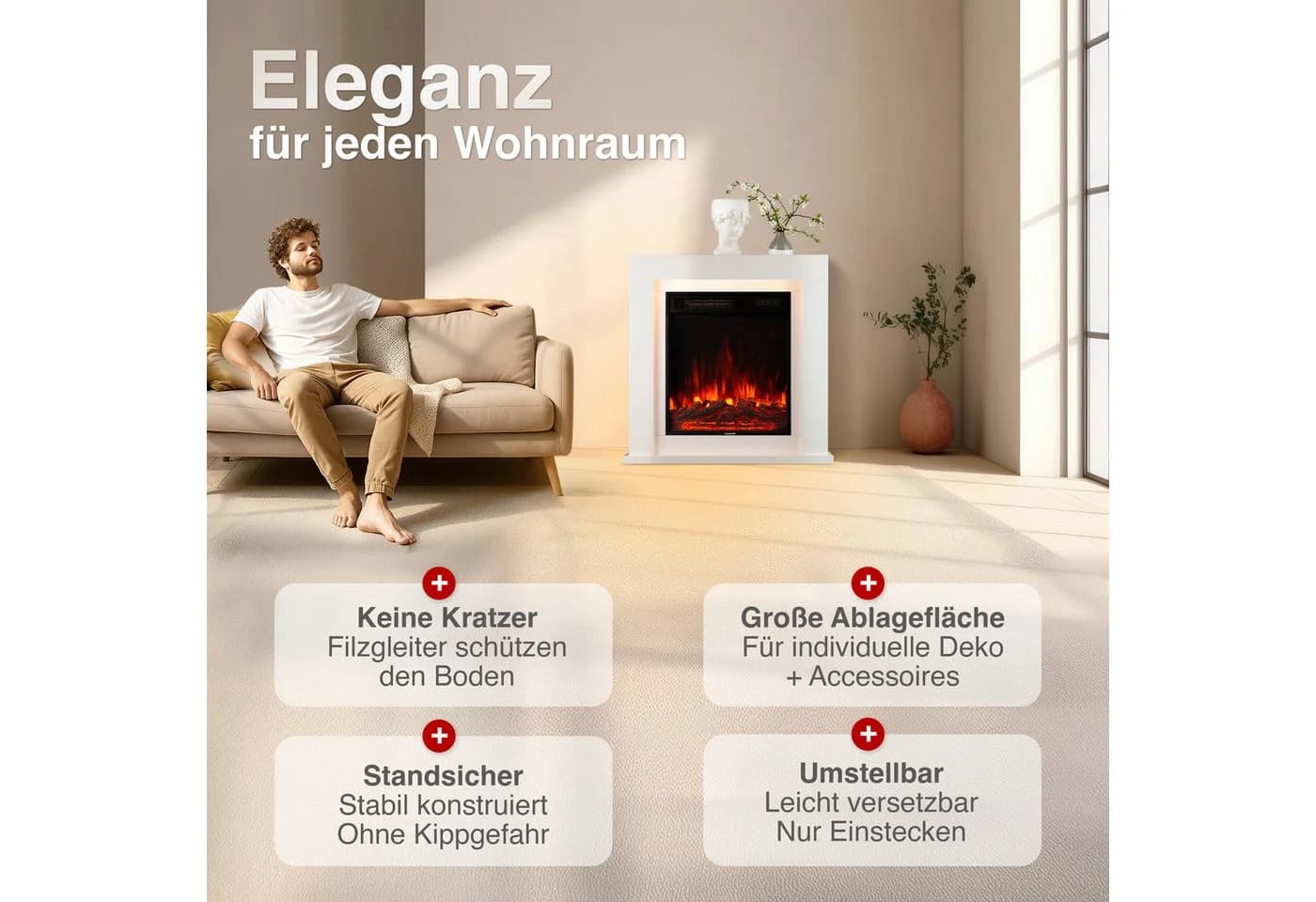 KAMINIO Elektrokamin MATTI mit 3D-Flammeneffekt, Ambientelicht und 1800W Heizung