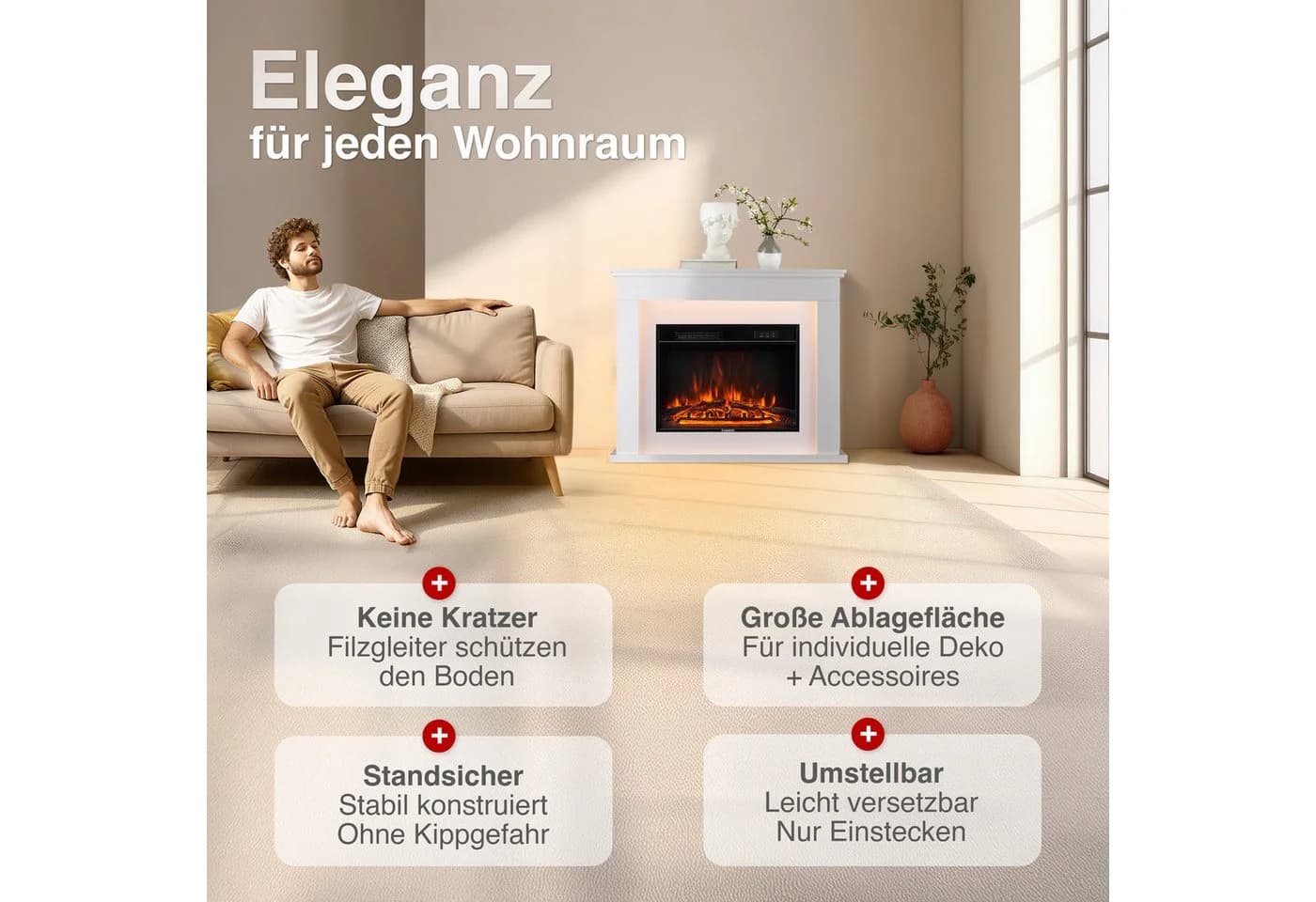 KAMINIO Elektrokamin MATTI Weiß mit 3D-Flammeneffekt & 1800W Heizung