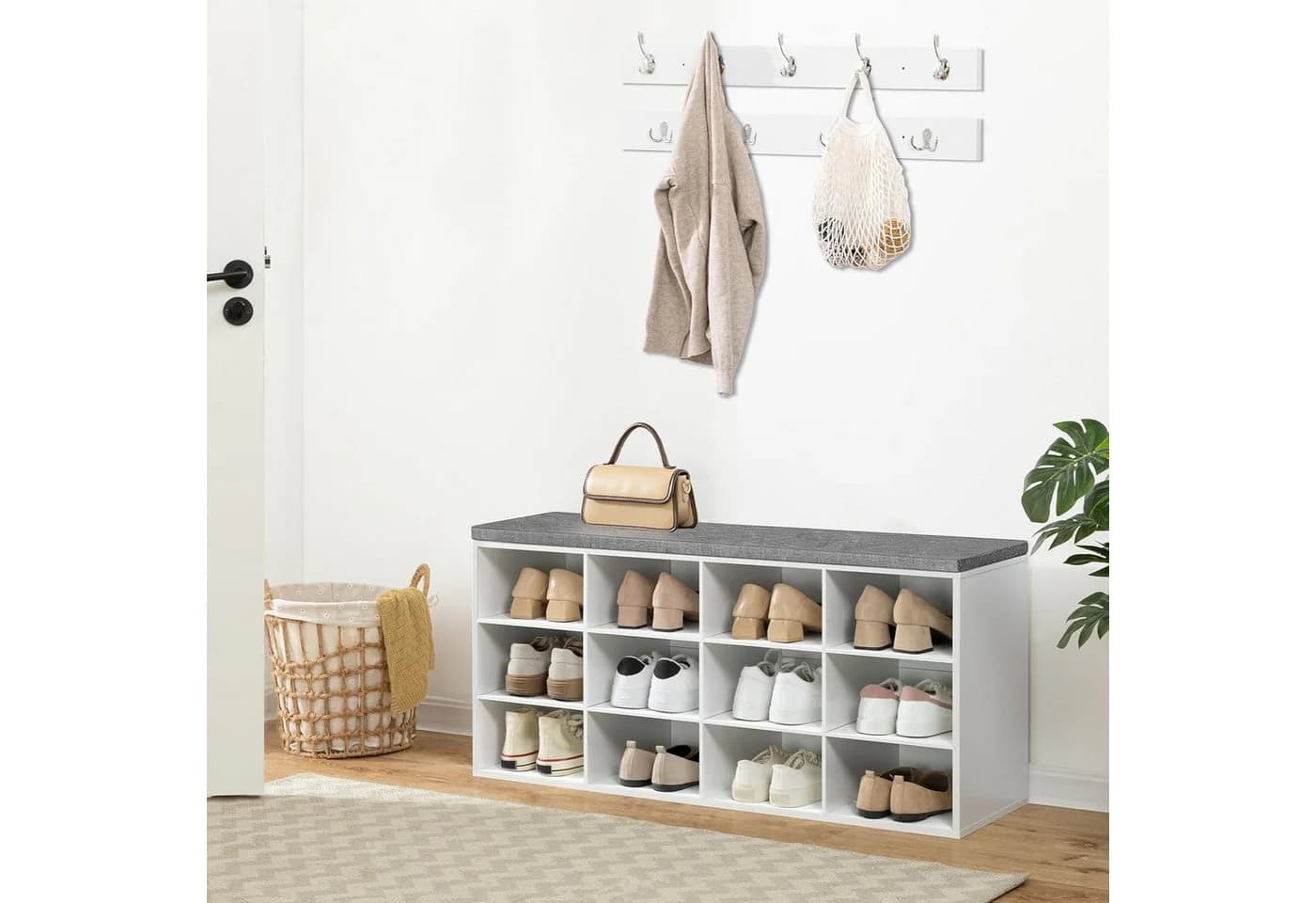Hoobro Garderobe mit 9 Haken und Schuhbank 12 Fächer Weiß