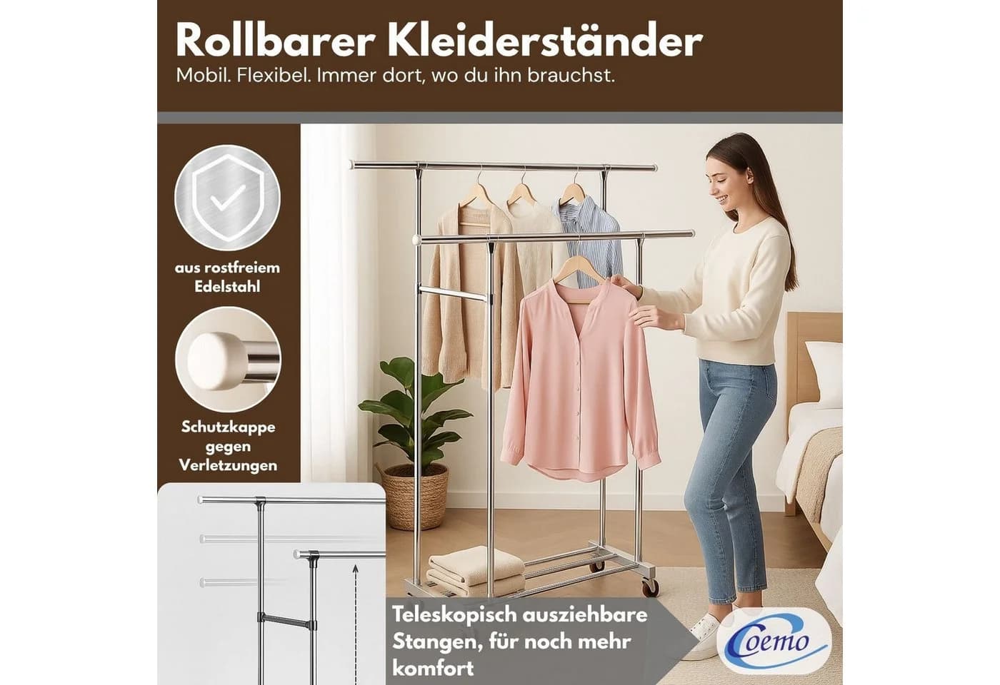 Coemo Kleiderständer mit Doppelstange, Rollen und Ablage