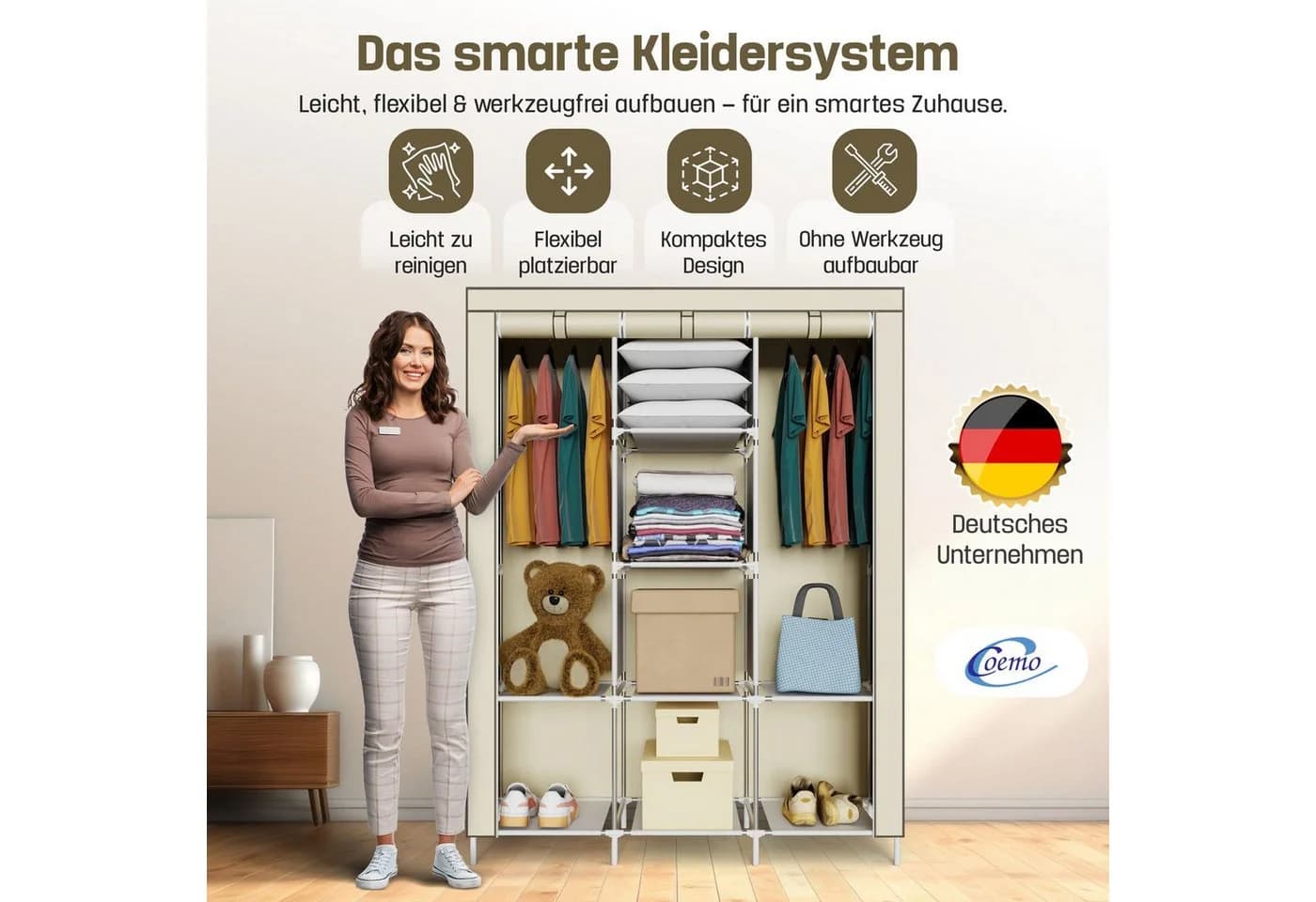 Coemo Stoffschrank Beige Faltbar mit 2 Kleiderstangen