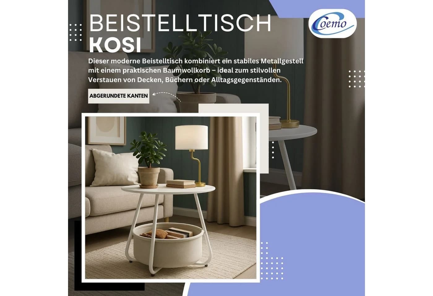 Coemo Wohnzimmertisch KOSI Weiß Metallgestell mit Aufbewahrungskorb