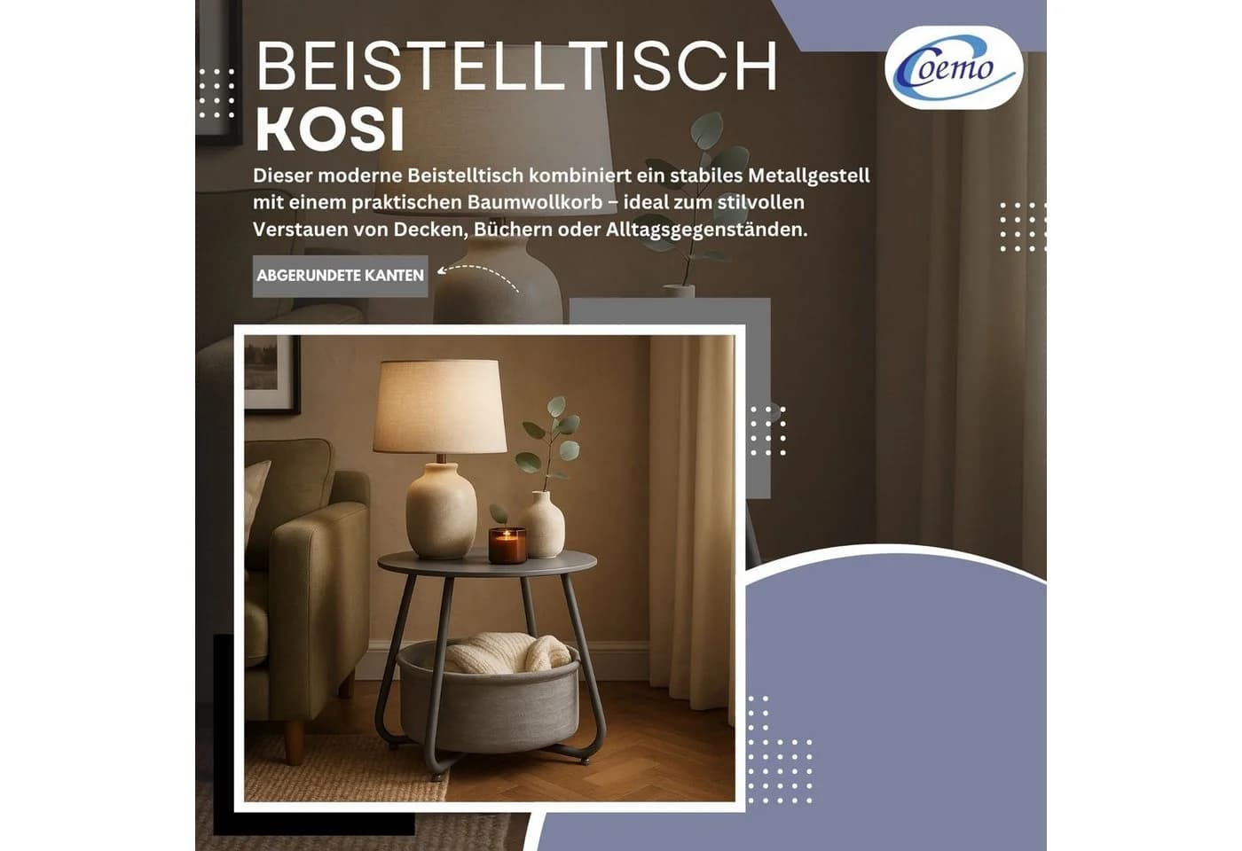 Coemo Wohnzimmertisch KOSI Grau Metallgestell mit Aufbewahrungskorb