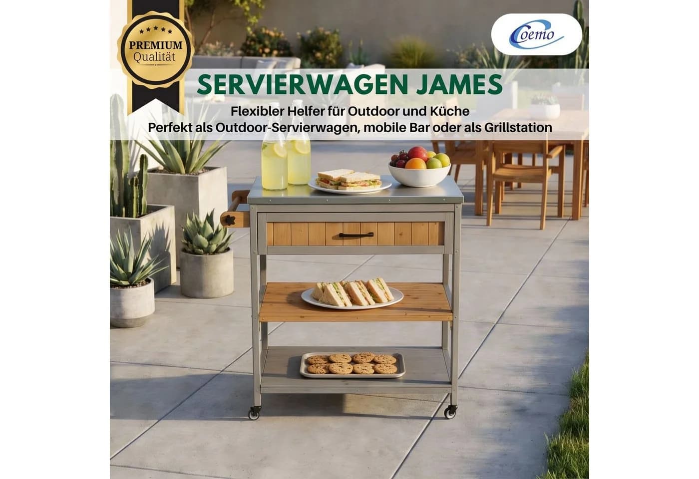 Coemo Servierwagen James Holz Edelstahl mit Rollen