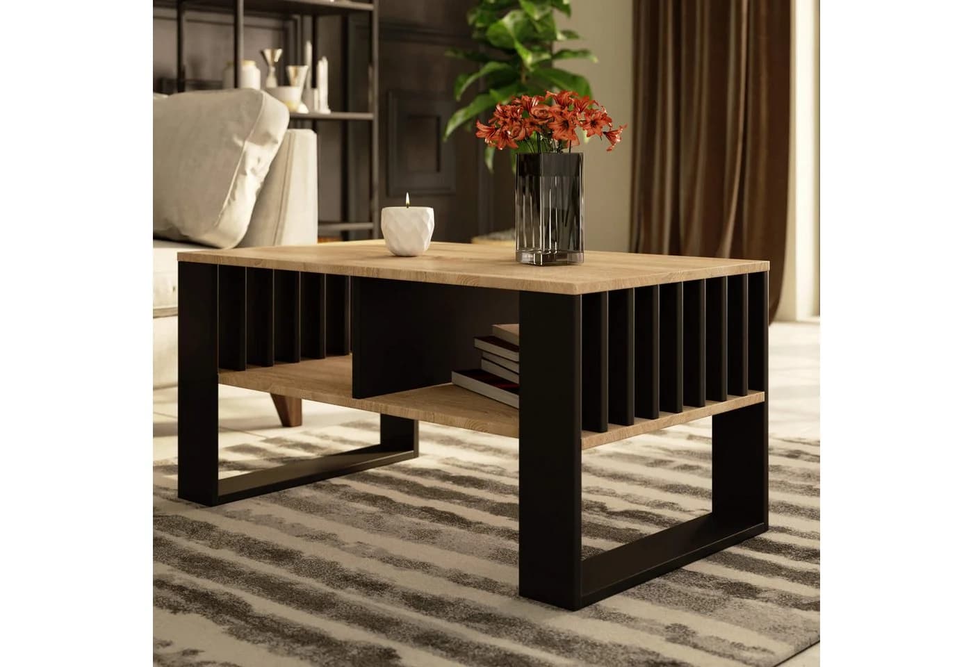 designimpex Couchtisch AR-111 mit Ablage Beige/Schwarz Modern