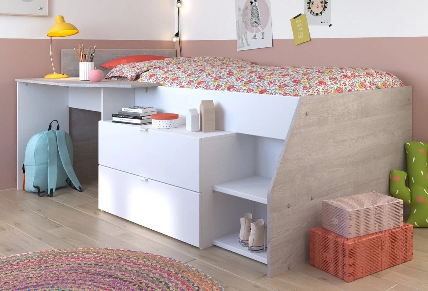 Parisot Hochbett Milky mit Stauraum und Schreibtisch