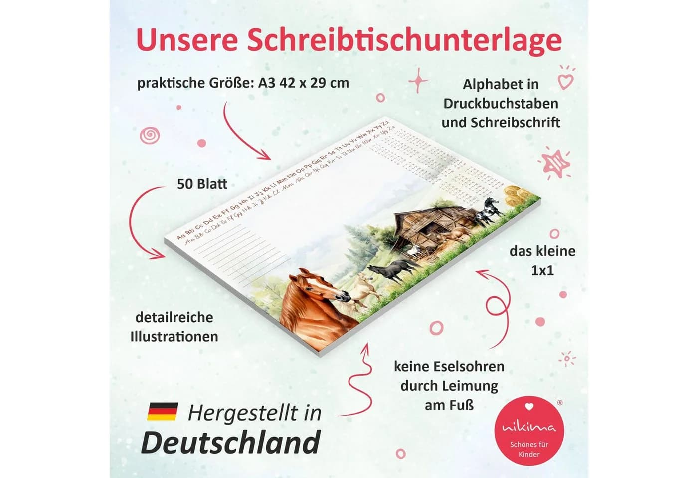 nikima Schreibtischunterlage A3 Pferde Pony mit Lernfunktion