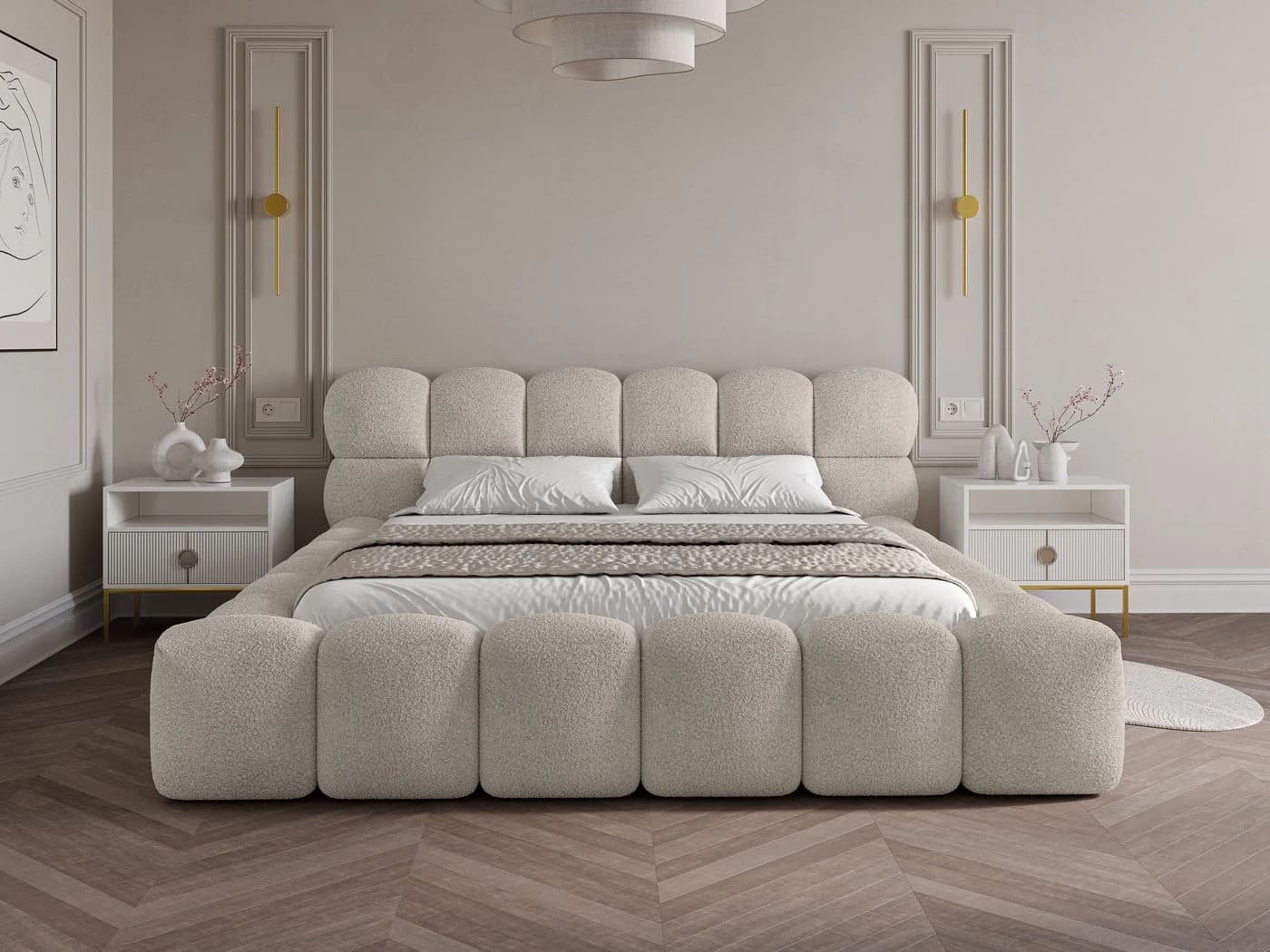 wonello Polsterbett Mira mit Bettkasten und Lattenrost Boucle Hellbeige