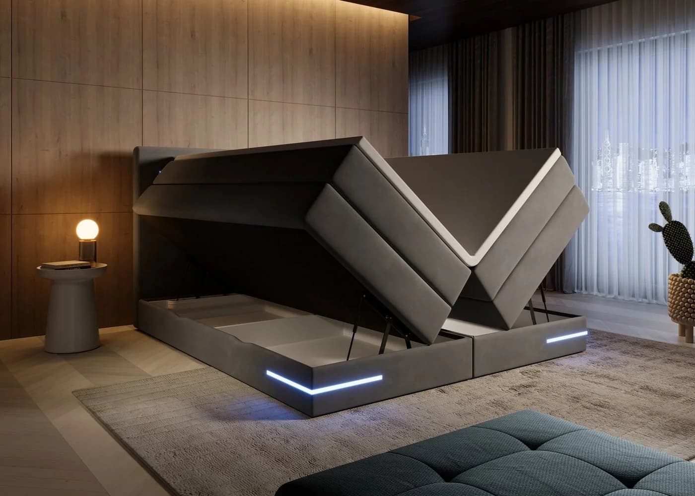 wonello Boxspringbett Detroit Samt grau mit LED Beleuchtung und Bettkasten