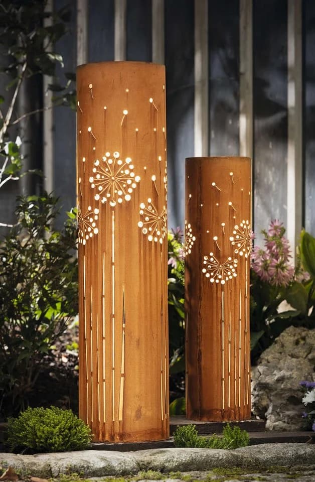 Dekosäule Pusteblume Solar LED Leuchtdeko Metall Rost 2er Set