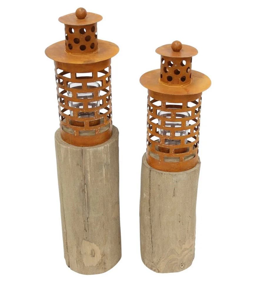 Dekoleidenschaft Windlichtsäule Türmchen 2er Set Holz Metall Rost-Optik