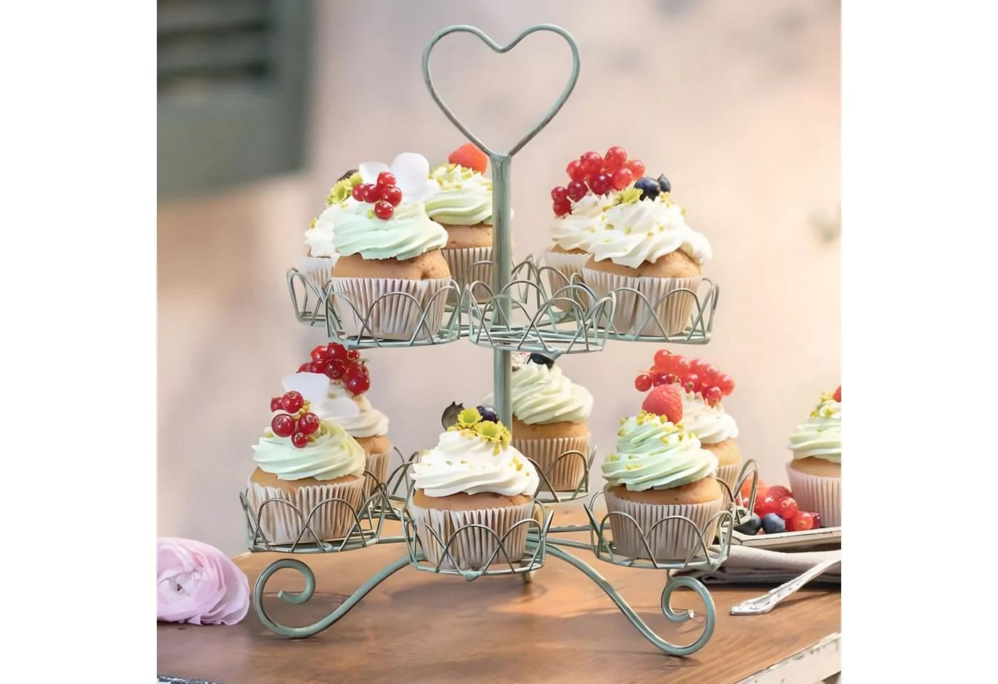 Dekoleidenschaft Etagere Vintage Metall Cupcake Ständer Grün 2 Etagen