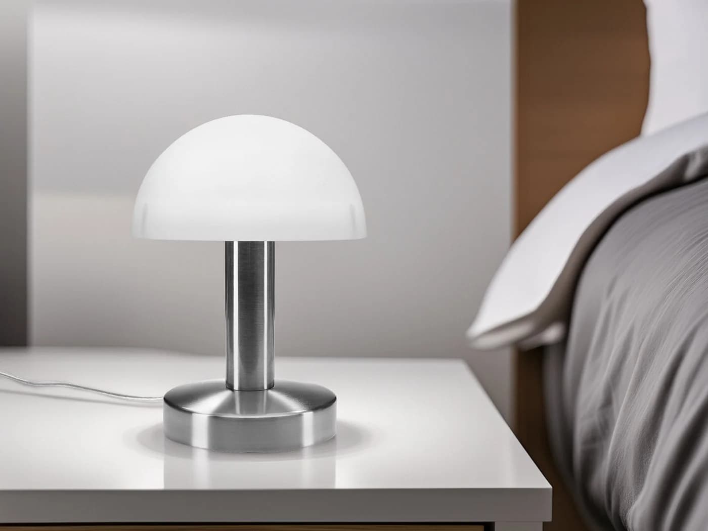 meineWunschleuchte Nachttischlampe Pilzform Dimmbar Glas Metall Silber-Weiß