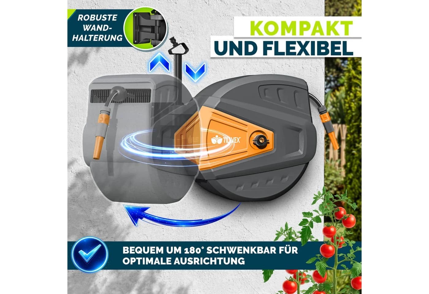 tillvex Schlauchtrommel mit Wandhalterung & Tragegriff Anthrazit/Orange