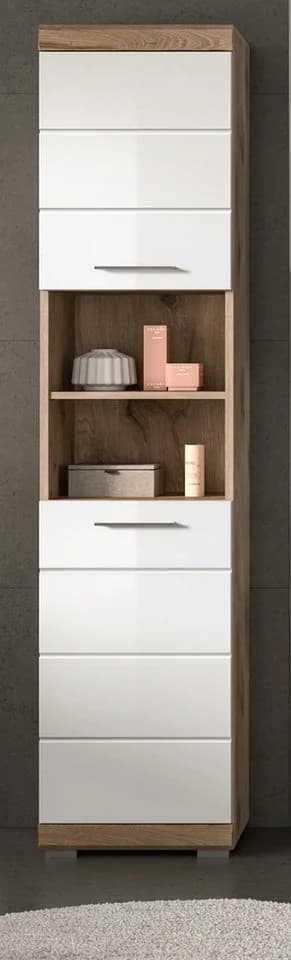 Inn.Furn Hochschrank Willow Weiß Hochglanz Eiche Dekor 2-Türig