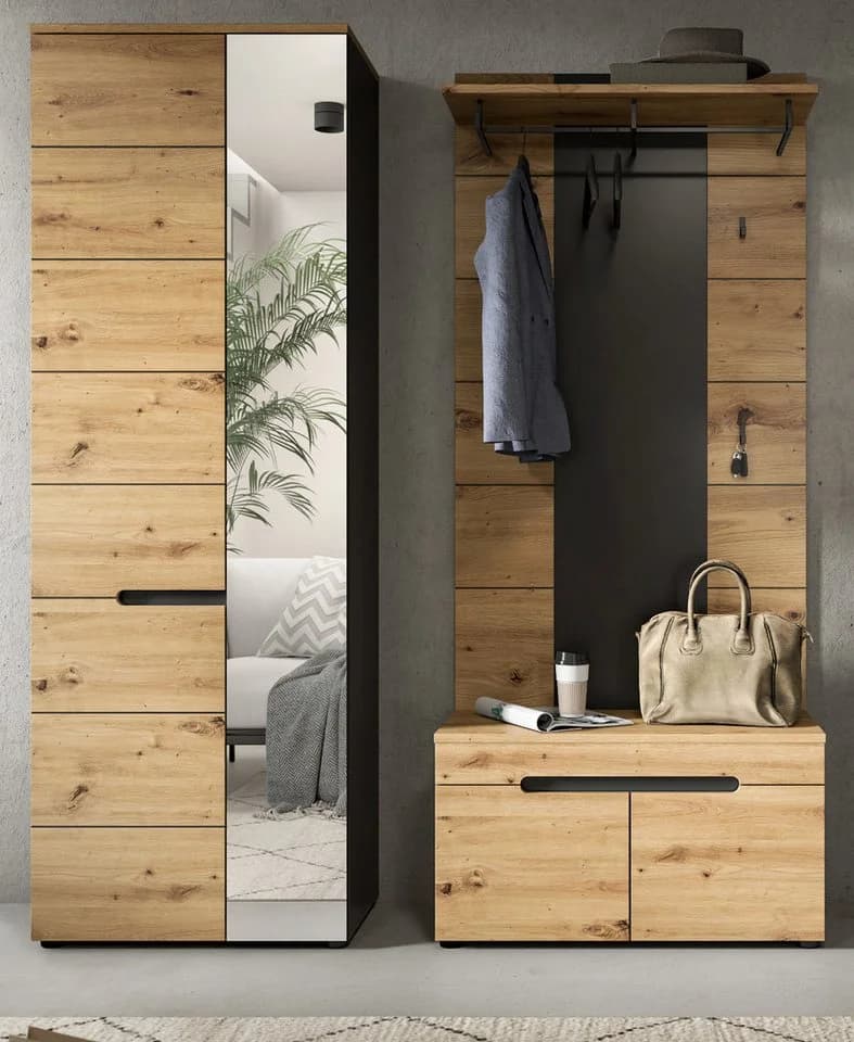 Inn.Furn Garderoben-Set Cooper, Flurgarderobe in Eiche Artisan und Basalt grau, 3-teilig, mit Soft-Close-Funktion