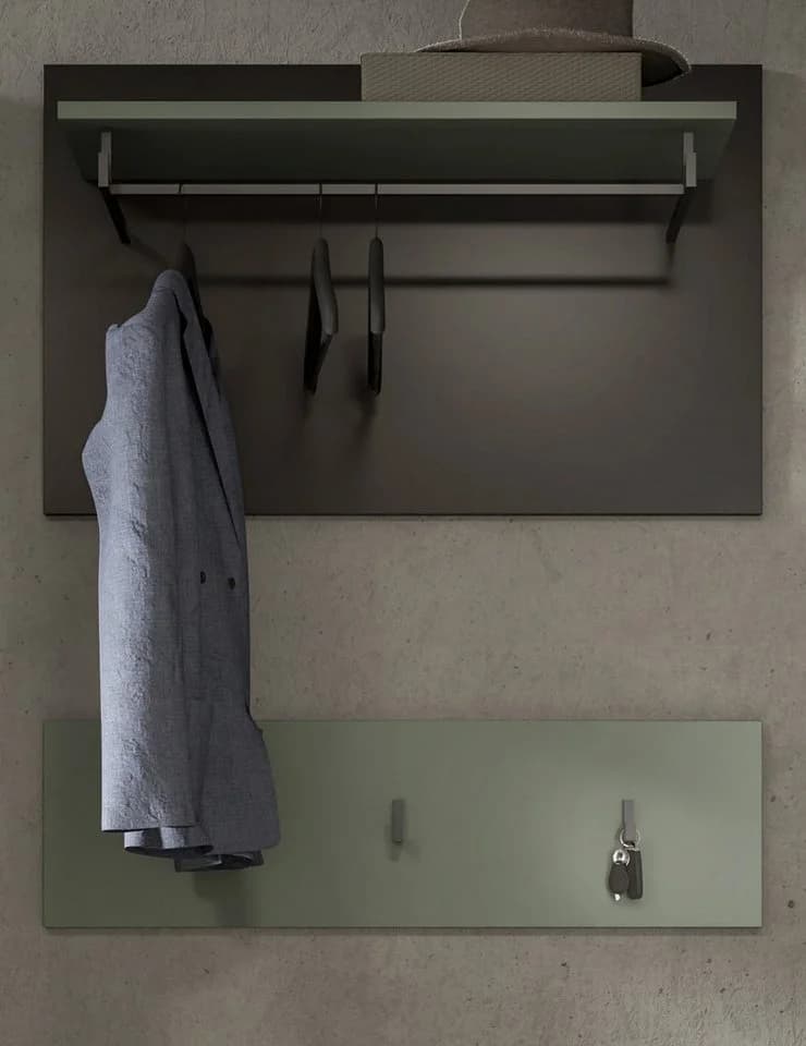 Inn.Furn Garderobenpaneel Cooper 2-teiliges Set Wandgarderobe und Hakenleiste Salbei Grün und Basalt Grau