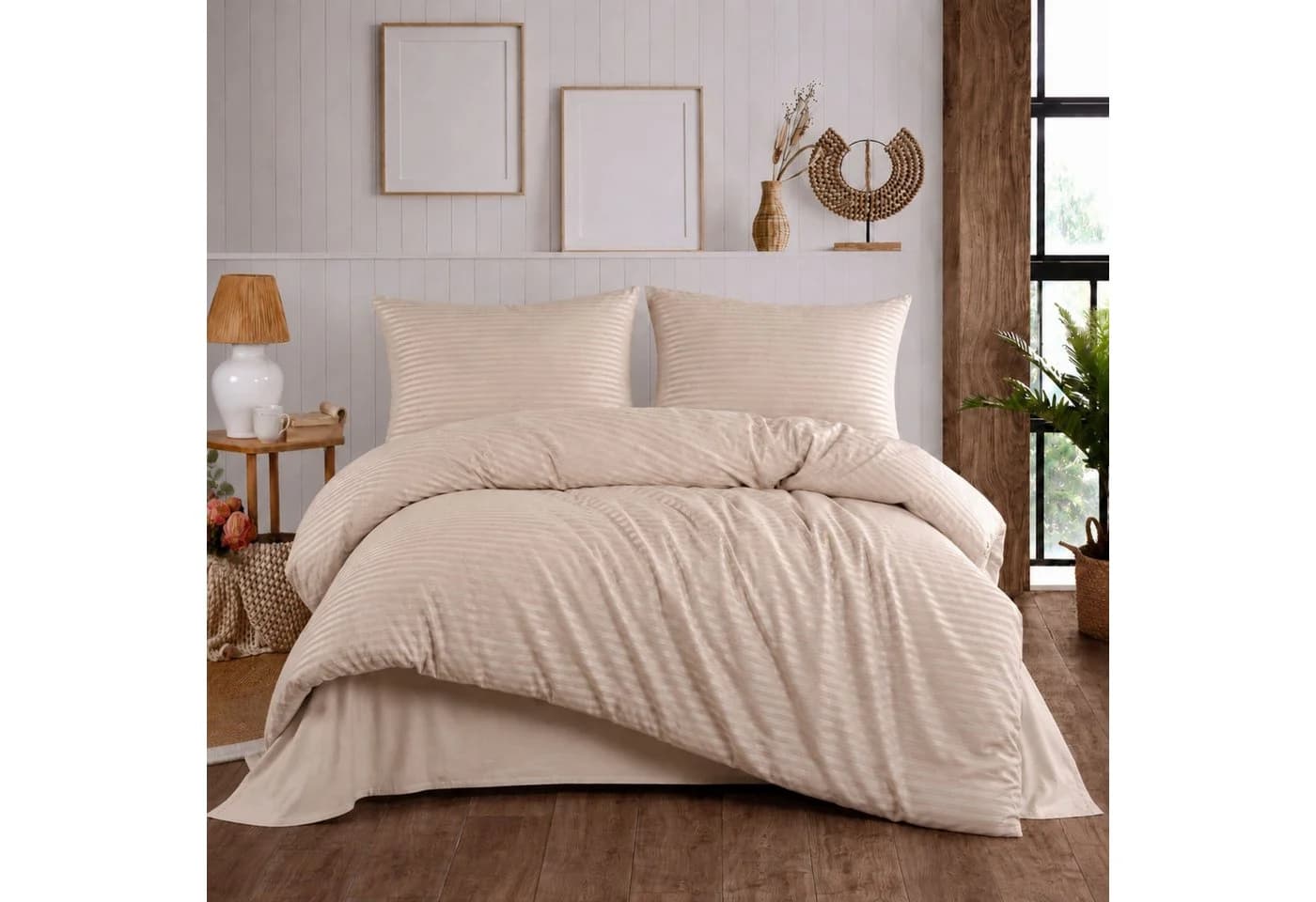ZIRVEHOME Bettwäsche Set Beige Damast Streifen 135x200 cm