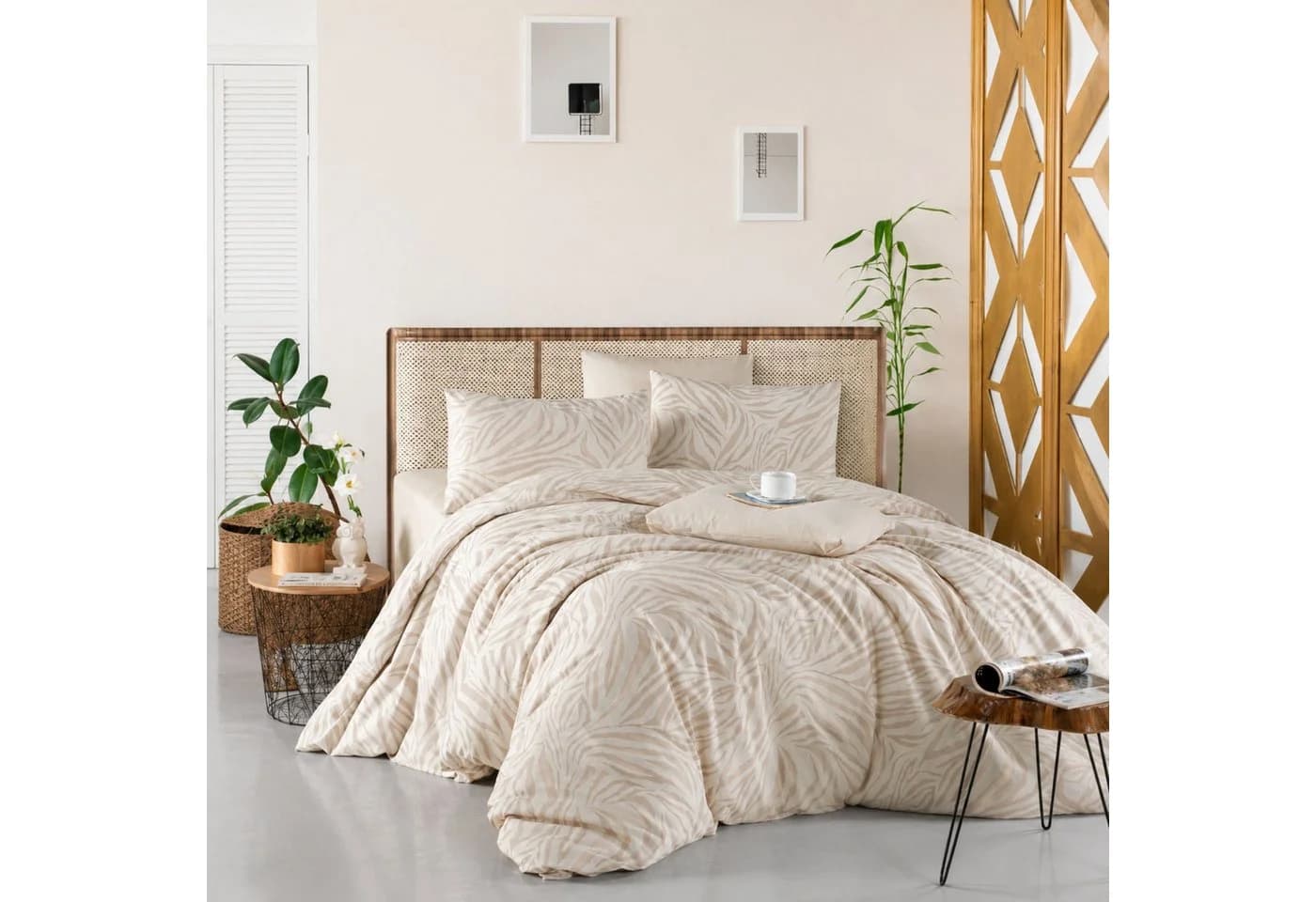 ZIRVEHOME Bettwäsche 3-teilig Beige Zebra-Muster Baumwolle