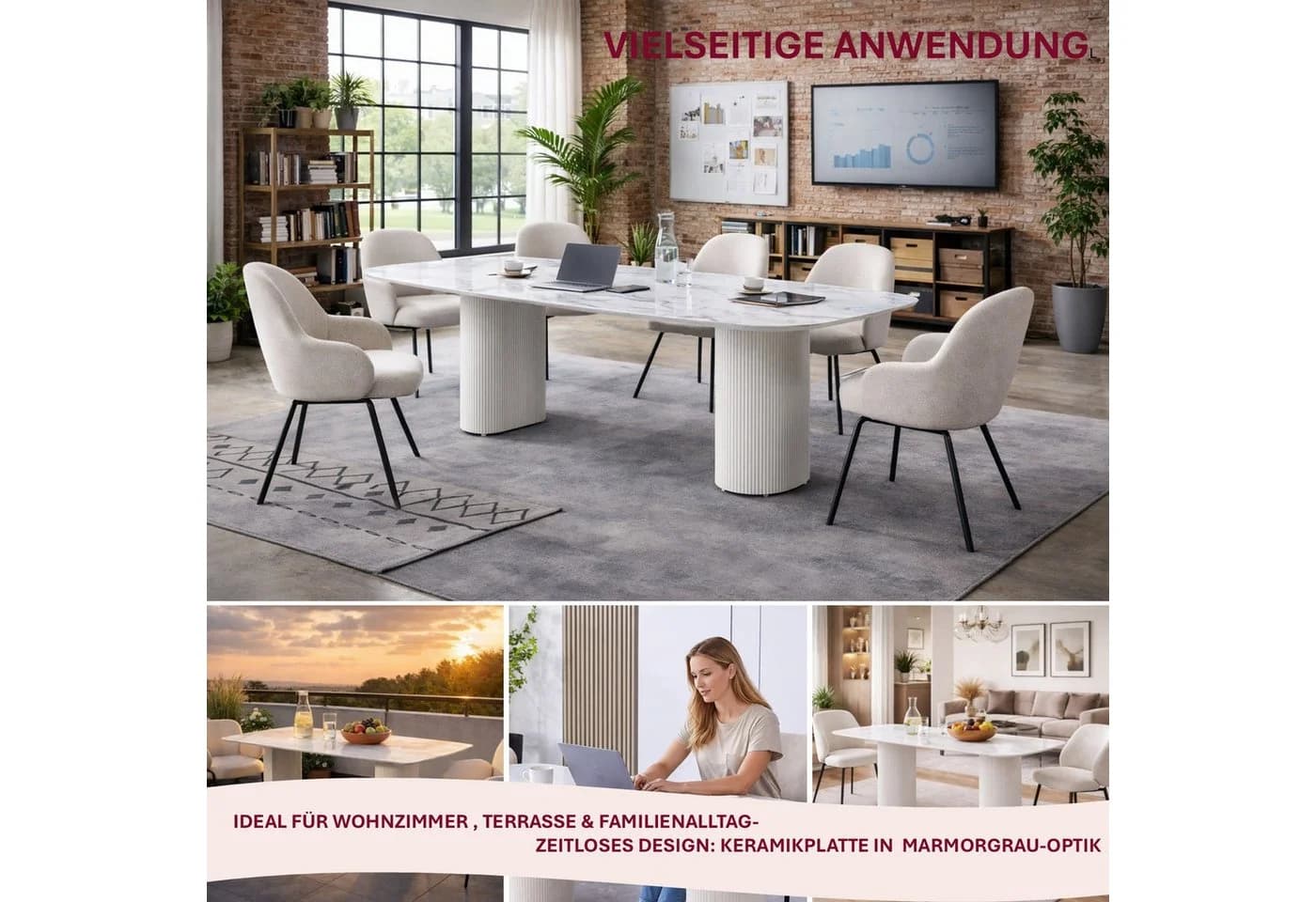 HOOZ Esstisch Keramik Travertin-Optik Weiß Modern