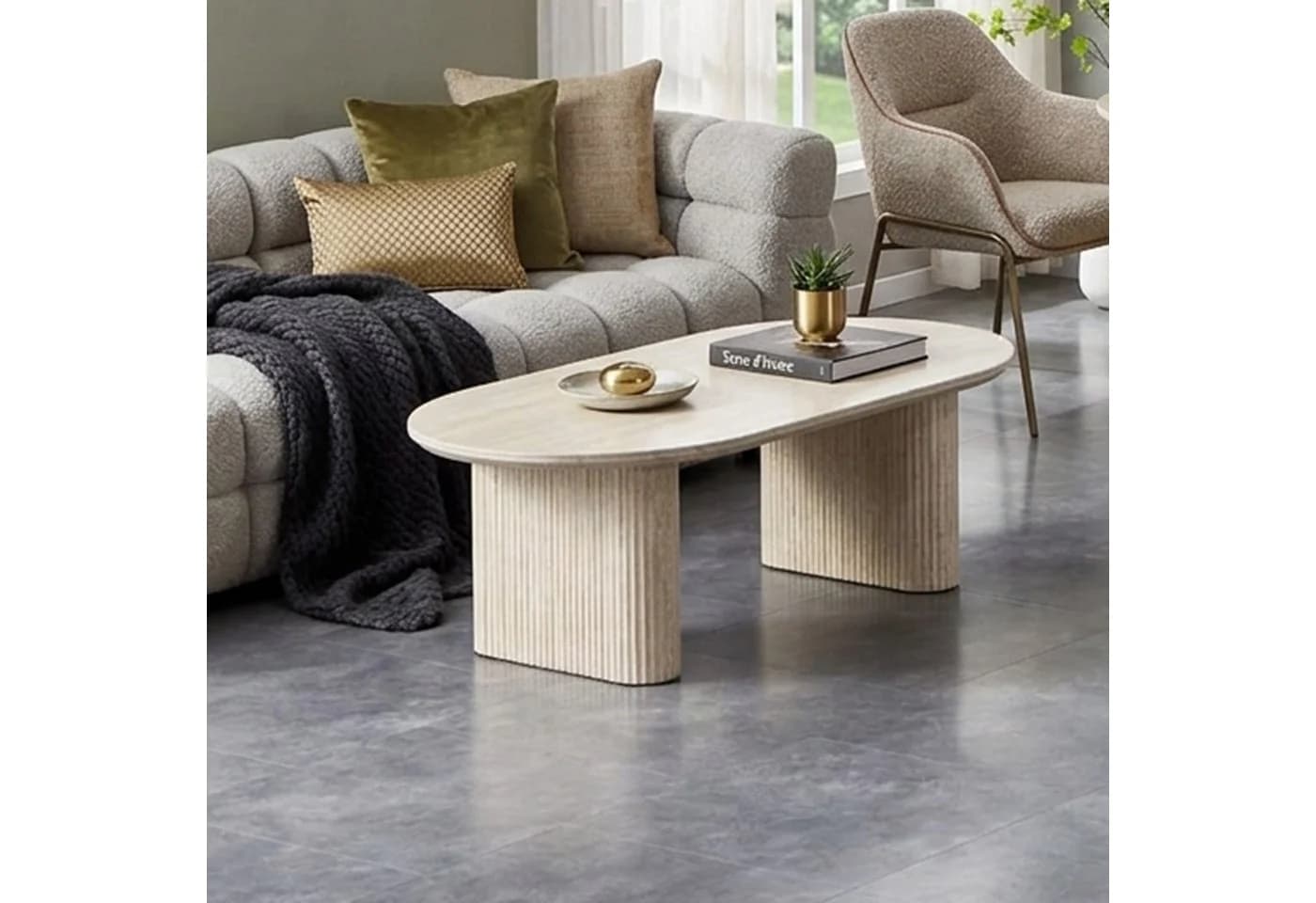 HOOZ Wohnzimmertisch oval Keramikplatte Travertin-Optik